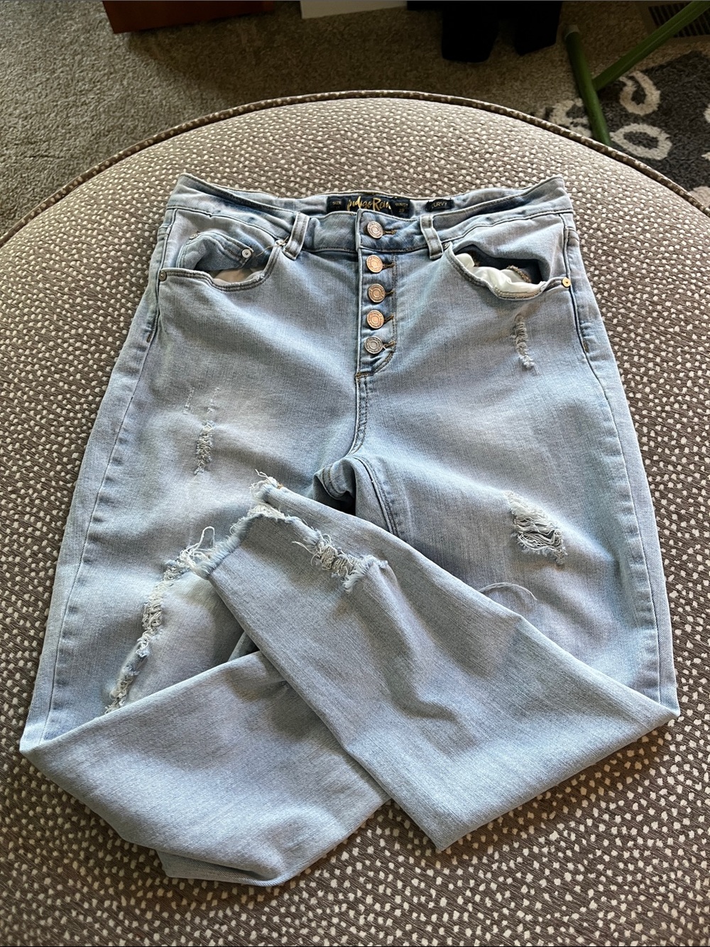 Indigo Rein Light Blue High-Rise Distressed Button-Fly Jeans